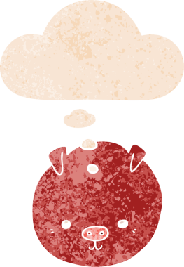 Homurdanan düşünce baloncuklu çizgi film domuzu bir insan tarafından çizilmiş dertli retro stili.