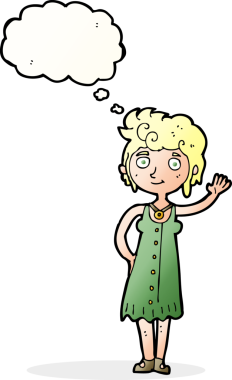 Bir insan tarafından çizilmiş düşünce baloncuğuyla el sallayan hippi kadın.