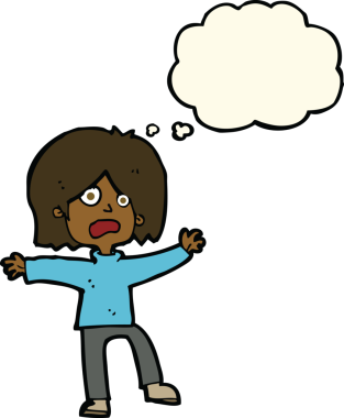 Bir insan tarafından çizilmiş düşünce baloncuğu olan korkmuş bir çizgi film karakteri.