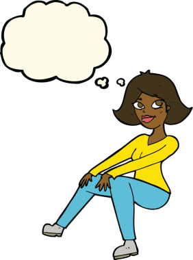 Bir insan tarafından çizilmiş düşünce baloncuğuyla oturan mutlu bir kadın.