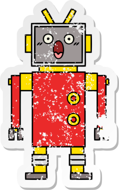 Bir insan tarafından çizilmiş sevimli bir robot çizgi film çıkartması.