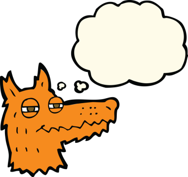 Bir insan tarafından çizilmiş düşünce baloncuklu kendini beğenmiş tilki suratı.