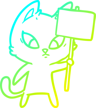 Kafası karışmış çizgi film kedisinin soğuk çizgi çizimi. Protesto işareti insan tarafından çizilmiş.