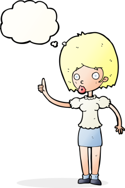 Bir insan tarafından çizilmiş düşünce baloncuğu fikri olan karikatür kadın.