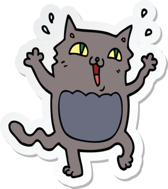 Bir çizgi film çıkartması. Bir insan tarafından çizilmiş çılgın, heyecanlı bir kedi.