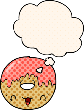 Çizgi roman tarzında bir insan tarafından çizilmiş düşünce baloncuklu tatlı bir çörek.