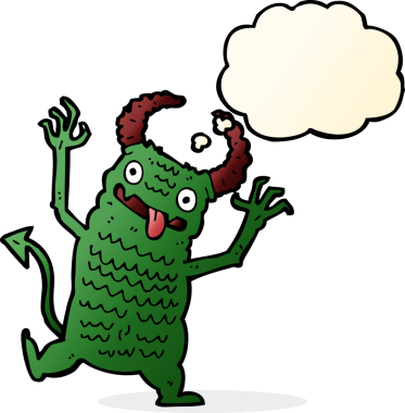 Bir insan tarafından çizilmiş düşünce kabarcığı olan çizgi film iblisi.