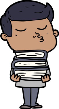 Çizgi film mankeni somurtuyor. Elinde bir insan tarafından çizilmiş kitaplar var.