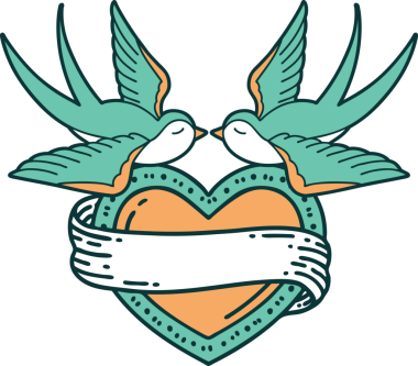 Kırlangıçların ikonik dövme şekli ve bir insan tarafından çizilmiş bir kalp.