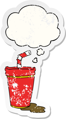 Düşünce baloncuğu olan karikatür soda bardağı insan tarafından çizilmiş yıpranmış bir çıkartma.