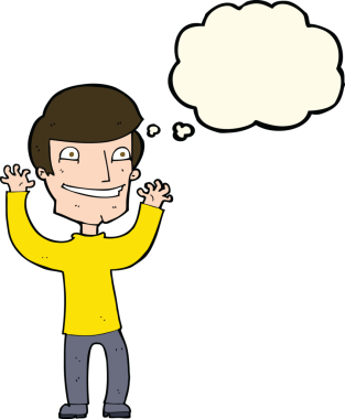 Bir insan tarafından çizilmiş düşünce baloncuğu ile heyecanlı bir adam.