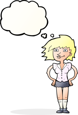 Bir insan tarafından çizilmiş düşünce baloncuğu olan elleri kalçasında çizgi film kadını.