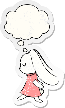 Düşünce baloncuğu olan sevimli çizgi film tavşanı bir insan tarafından çizilmiş yıpranmış bir çıkartma.