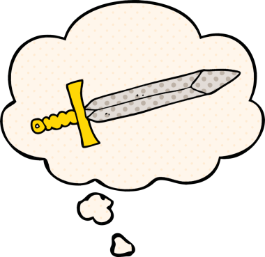 Bir insan tarafından çizilmiş, düşünce baloncuklu çizgi film kılıcı.