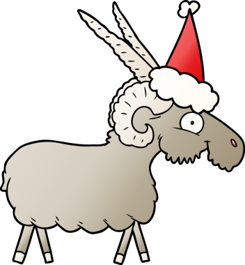 Bir insan tarafından çizilmiş Noel Baba şapkası giymiş bir keçinin el çizimi karikatürü.