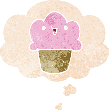 Yüzünde düşünce kabarcığı olan, grunge 'da sıkıntılı eski moda bir insan tarafından çizilmiş çizgi film keki.