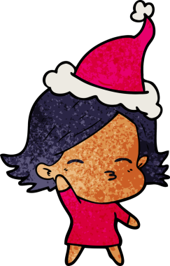 Bir insan tarafından çizilmiş Noel Baba şapkası giyen bir kadının el çizimi karikatürü.