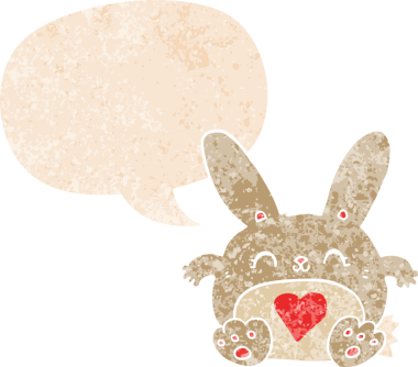 Sevgi dolu karikatür tavşanı. Konuşma baloncuğu, grunge 'da. İnsan tarafından çizilmiş desenli.