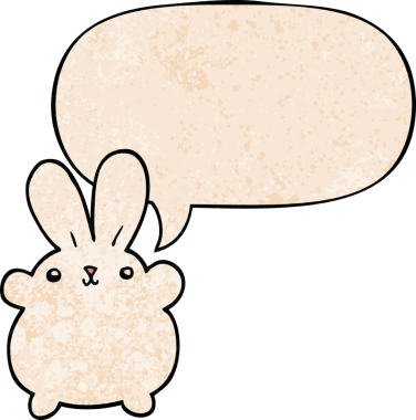 Konuşma baloncuğu olan sevimli çizgi film tavşanı insan tarafından çizilmiş.
