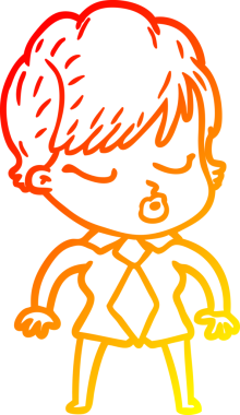 Bir insan tarafından çizilmiş gözleri olan çizgi film kadını çizimi.