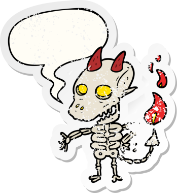 Bir insan tarafından çizilmiş, sıkıntılı, yaşlı çıkartması olan, konuşma balonlu, korkunç iskelet bir iblis.