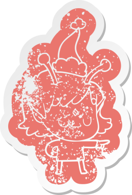 Bir insan tarafından çizilmiş Noel Baba şapkası giyen uzaylı bir kızın garip bir karikatürü.