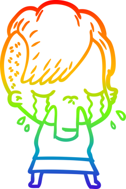 Gökkuşağının gradyan çizimi bir insan tarafından çizilmiş ağlayan bir kız çizgi filmi.