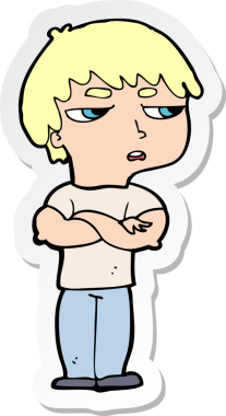 Çizgi film çıkartması. Bir insan tarafından çizilmiş rahatsız çocuk.