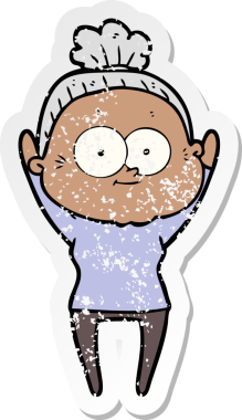 Bir insan tarafından çizilmiş mutlu, yaşlı bir kadının sıkıntılı çıkartması.