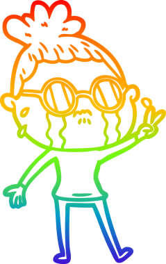 Gökkuşağı gradyan çizgi çizimi. Bir insan tarafından çizilmiş gözlük takan ağlayan bir kadın.