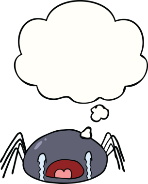 Bir insan tarafından çizilmiş düşünce balonlu ağlayan örümcek çizgi filmi.