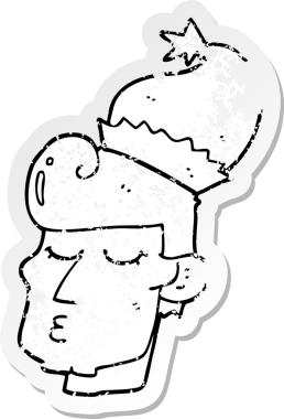 Bir insan tarafından çizilmiş Noel şapkası giyen bir karikatürcünün sıkıntılı çıkartması.