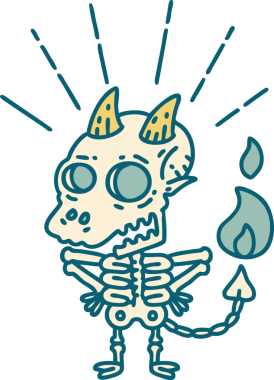 Bir insan tarafından çizilmiş geleneksel dövme stili iskelet iblis karakteri.