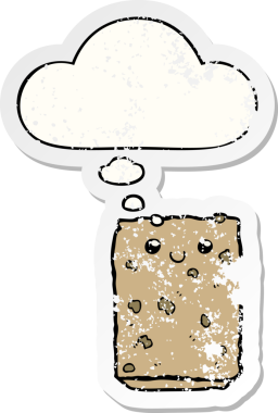 Düşünce baloncuklu çizgi film bisküvisi insan tarafından çizilmiş yıpranmış bir çıkartma.