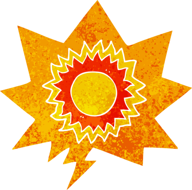 grunge 'da konuşma baloncuğu olan karikatür güneşi bir insan tarafından çizilmiş rahatsız edici retro stil.