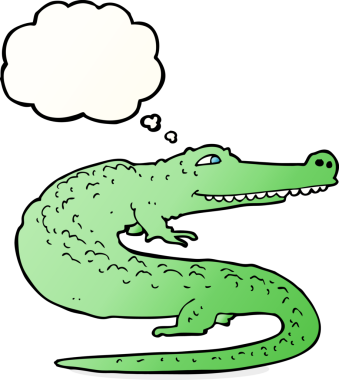 Bir insan tarafından çizilmiş düşünce baloncuklu timsah çizgi filmi.