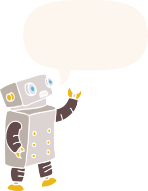 bir insan tarafından çizilmiş, konuşma baloncuklu çizgi film robotu.