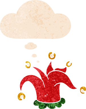 Düşünce baloncuklu çizgi film soytarısı şapkası bir insan tarafından çizilmiş dertli retro tarzı.