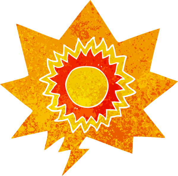 grunge 'da konuşma baloncuğu olan karikatür güneşi bir insan tarafından çizilmiş rahatsız edici retro stil.