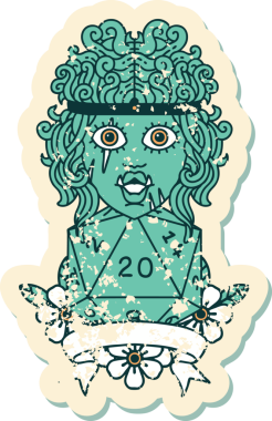 Retro Dövme Biçimi Yarı Ork Barbar Karakteri Bir insan tarafından çizilmiş doğal 20 zar