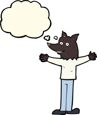 Bir insan tarafından çizilmiş düşünce baloncuğu olan bir kurt adam.