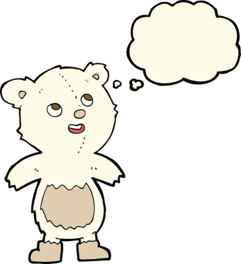 Bir insan tarafından çizilmiş düşünce baloncuklu kutup ayısı çizgi filmi.