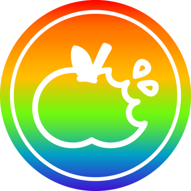 Bir insan tarafından çizilmiş, gökkuşağı gradyanı olan ısırılmış bir elma simgesi.