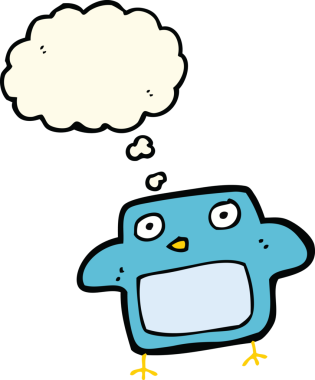 Bir insan tarafından çizilmiş düşünce baloncuklu çizgi film kuşu.