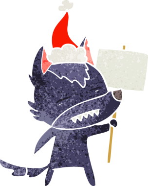 Bir insan tarafından çizilmiş Noel Baba şapkası takan bir kurdun el çizimi karikatürü.