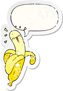 Konuşma baloncuklu çizgi film muzu bir insan tarafından çizilmiş sıkıntılı eski bir çıkartma