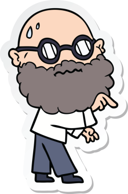 Çizgi film çıkartması sakallı ve gözlüklü endişeli bir adam bir insan tarafından çizilmiş.