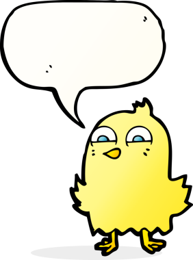 Bir insan tarafından çizilmiş konuşma baloncuklu komik çizgi film kuşu.