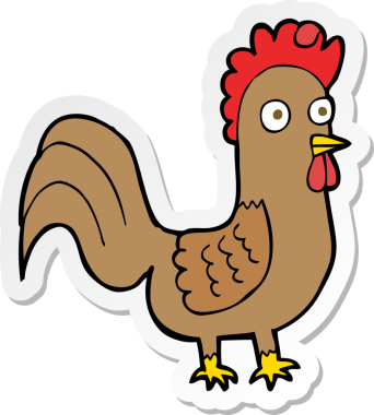 Bir insan tarafından çizilmiş karikatür horozunun çıkartması.