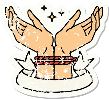 Bir insan tarafından çizilmiş bir çift elin bayrağı olan eski bir çıkartma.